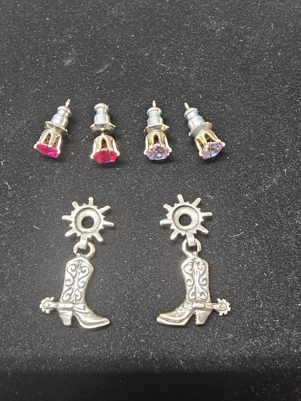 Cowboy Boot Earrings Sterling Silver Pink Diamond Studs Western Rowel Cowgirl